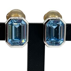 Vintage Christian Dior Earrings with Emerald Cut Aqua Swarovski Crystals Clip On